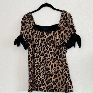 INC International Concepts Leopard Print Bow Sleeves 100% SILK Top Sz 12